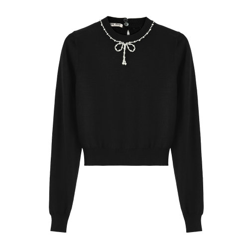 MiuMiu/繆繆 黑色 女士仿珍珠蝴蝶結(jié)裝飾羊絨針織衫 MML293_1VWH_F0008