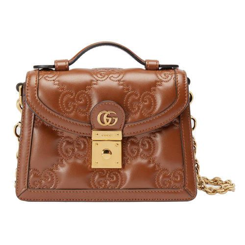 Gucci 古馳 22新款 女士小號棕色絎縫皮革金色飾面雙G金屬鏈肩帶手提肩背斜挎包724499UM8HG2595