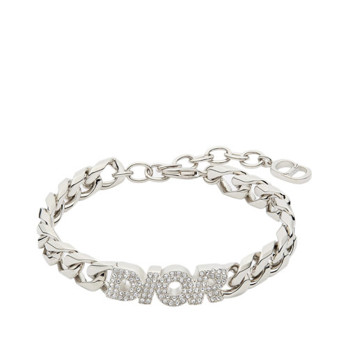 DIOR/迪奧  鍍銀黃銅DIOR字母鑲嵌白色晶體鏈環(huán)手鏈B1396HOMMT_D001