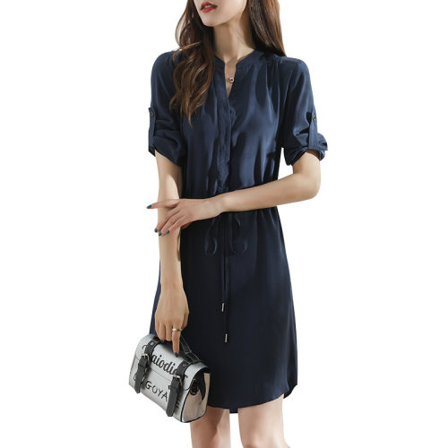 GeleiStory/GeleiStory 夏季新款氣質(zhì)真絲襯衫裙中長款桑蠶絲連衣裙子休閑氣質(zhì)女裝 女士連衣裙