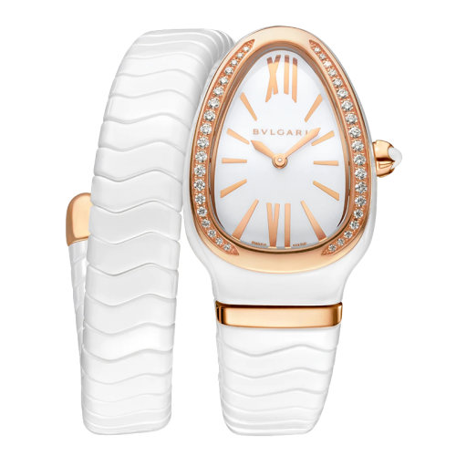 BVLGARI/寶格麗 白色陶瓷表殼和螺旋表鏈 18K金玫瑰金表圈鑲有明亮式切割鉆石  白色上漆表盤 SERPENTI SPIGA石英手表 35毫米102613