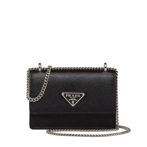 PRADA/普拉達(dá) 22年新款 女士黑色皮革三角銀標(biāo)銀鏈單肩斜挎卡包1MR0_QHH_F0632