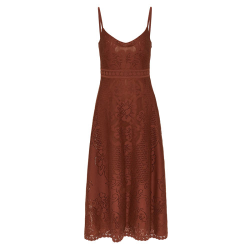 Valentino/華倫天奴 22年早春新款 女士棕色尼龍棉質(zhì)混紡?fù)辜y蕾絲吊帶連衣裙XB3VAY356W3C30