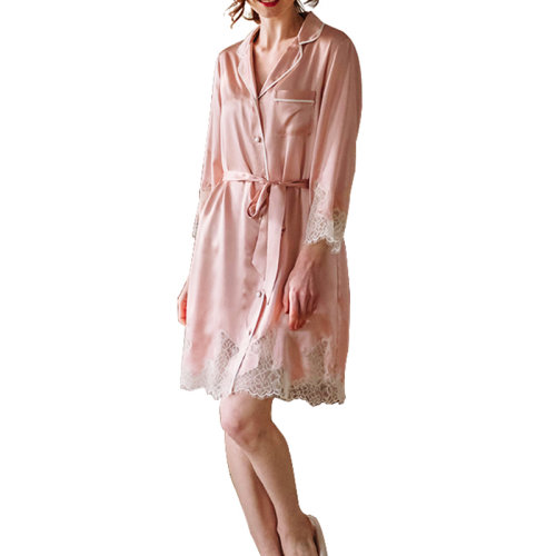 GeleiStory/GeleiStory19姆米重磅真絲睡袍女士桑蠶絲蕾絲邊家居服女士套裝款長袖睡裙長袖長褲套裝女睡衣/家居服