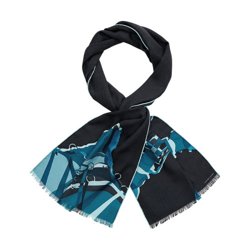 HERMES/愛(ài)馬仕 22年早春新款 男士海軍藍(lán)/黑色羊絨和真絲混紡印花圍巾H693843T04