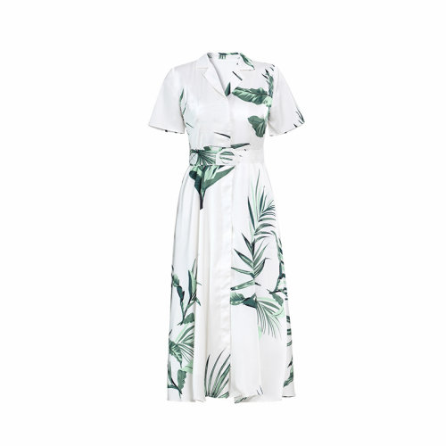 GeleiStory/GeleiStory  新款女裝連衣裙時尚優(yōu)雅小翻領(lǐng)中長款熱帶植物收腰系帶大擺裙  女裝＞女士裙裝＞女士連衣裙