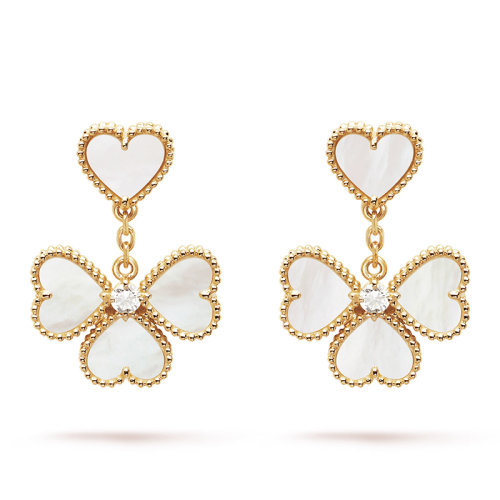 Van Cleef & Arpels/梵克雅寶 經(jīng)典Sweet Alhambra effeuillage系列 18K金黃金鑲嵌白色珍珠母貝鑲鉆四葉草心形耳墜VCARN5PQ00