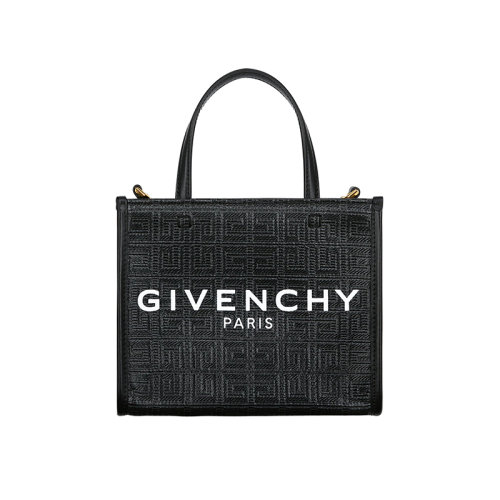 Givenchy/紀(jì)梵希 22新款 女士迷你黑色涂層帆布飾有壓花圖案白色字母標(biāo)志皮革手柄調(diào)節(jié)拆卸小牛皮肩帶金色飾面金屬單肩斜挎手提托特包BB50N0B1GT-001