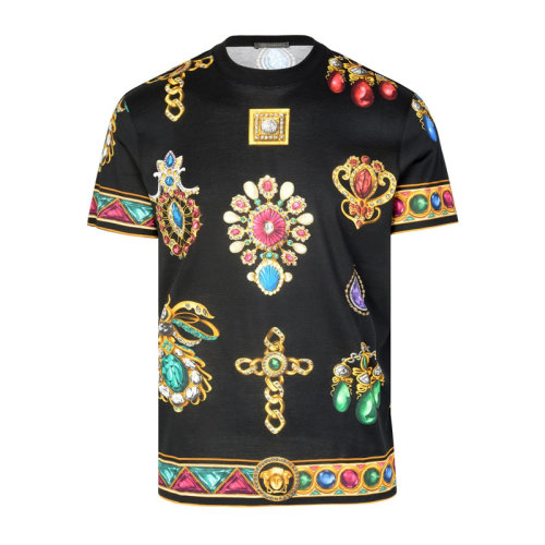 VERSACE/范思哲 男士黑色棉質(zhì)全印花裝飾圓領(lǐng)短袖上衣T恤 A83904-A231548-A72W