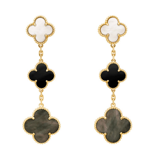 Van Cleef & Arpels/梵克雅寶 經(jīng)典Magic Alhambra系列 18k金黃金白灰珍珠母貝瑪瑙3四葉草耳環(huán)VCARD79000