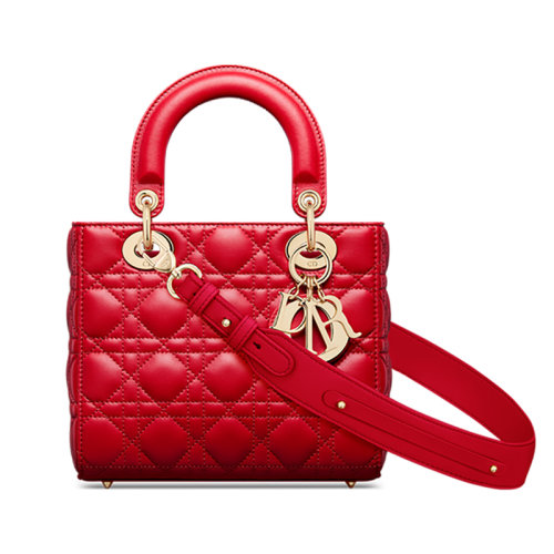 DIOR/迪奧 23新款 lady系列 女士小號猩紅色小羊皮藤格紋絎縫細節(jié)搭配徽章調節(jié)寬肩帶拉鏈開合單肩手提包M0538ONGE_M57R