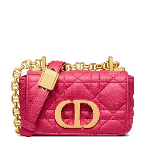 DIOR/迪奧 22春夏新款CARO系列 女士超迷你亮粉色柔軟牛皮革藤格紋金扣金鏈單肩斜挎鏈條包S2022UWHC_M15F