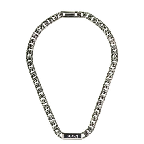 GUCCI/古馳 22新款 男士925純銀飾Gucci標(biāo)識(shí)黑色琺瑯刻紋鏈條吊墜項(xiàng)鏈701624J84101064
