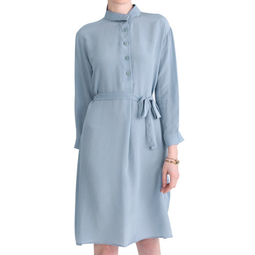 GeleiStory/GeleiStory 夏季新款 原宿風北歐立領氣質(zhì)連衣裙高腰系帶真絲中長款襯衫裙 女士連衣裙