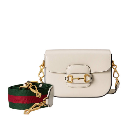  GUCCI/古馳   Horsebit 1955系列 女士迷你白色皮革復(fù)古翻蓋單肩斜挎包65857418YSG9068