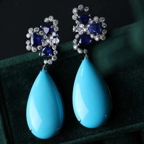 ZHUGONG/珠宮【新品美人松】美國睡美人原礦無優(yōu)化綠松耳環(huán)鑲嵌藍(lán)寶石意大利K金工藝設(shè)計(jì)