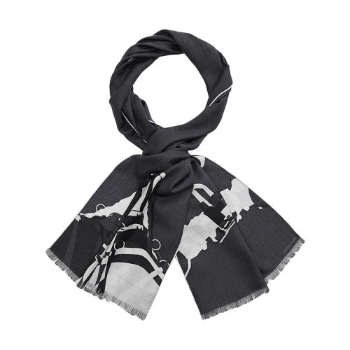 HERMES/愛(ài)馬仕 22年早春新款 男士黑色/灰色羊絨和真絲混紡印花圍巾H693843T03