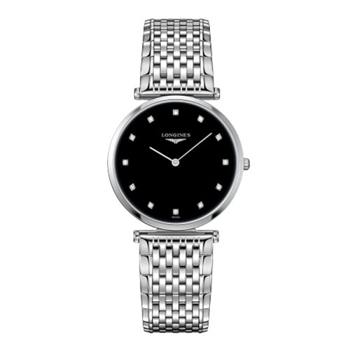 LONGINES/浪琴 嘉嵐系列 石英表鑲鉆黑盤鋼鏈男表33毫米L4.709.4.55.6