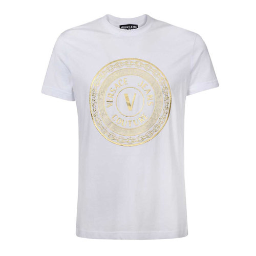 VERSACE JEANS/范思哲牛仔 男士白色棉質(zhì)經(jīng)典字母徽標(biāo)印花裝飾圓領(lǐng)短袖上衣T恤 B3GWA7TE-30319-K41