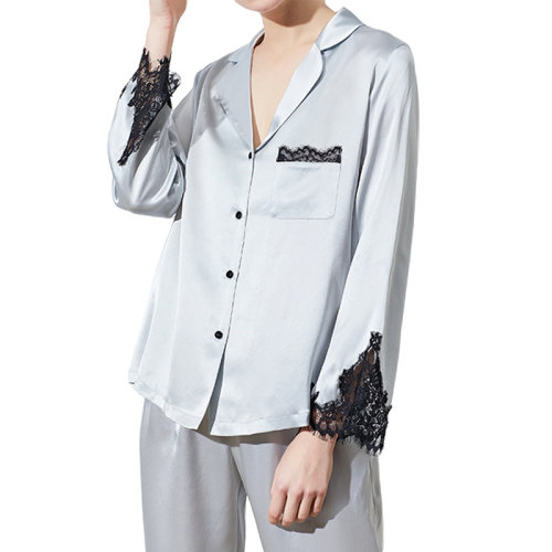 GeleiStory/GeleiStory 真絲睡衣女夏季桑蠶絲長(zhǎng)袖兩件套蕾絲分體春秋絲綢家居服套裝女裝＞女士睡衣/家居服＞女睡衣/家居服