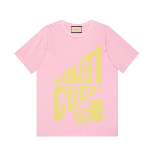 GUCCI/古馳 女士粉色棉質(zhì)徽標(biāo)印花裝飾圓領(lǐng)短袖上衣T恤 615044-XJD08-5673