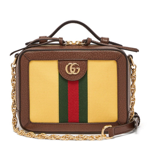 GUCCI/古馳 女士棕黃拼色織物配皮經(jīng)典互扣式雙G金屬字母徽標(biāo)紅綠織帶裝飾拉鏈開合單肩包斜挎包相機(jī)包鏈條包女包 602576-9ARDG-7161