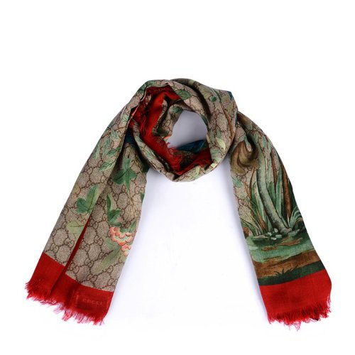 GUCCI/古馳 女士紅色Tian花鳥(niǎo)圖案羊毛圍巾絲巾圍脖 424456-3G856-6465