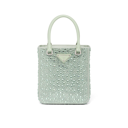 PRADA/普拉達(dá) 22新款 女士綠色水晶緞面皮革手柄拆卸調(diào)節(jié)肩帶琺瑯徽標(biāo)手提單肩斜挎包1BA331_2AWL_F0934_V_OOO