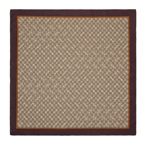 GUCCI/古馳 女士棕色米色和烏木色GG圖案馬銜扣真絲圍巾6625763G0012276