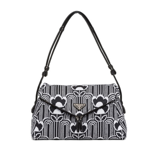 PRADA/普拉達 Signaux系列 黑白復(fù)古幾何圖案織物拼接黑色皮革簡約翻蓋單肩包1BC165_2DX1_F02JQ_V_OOO