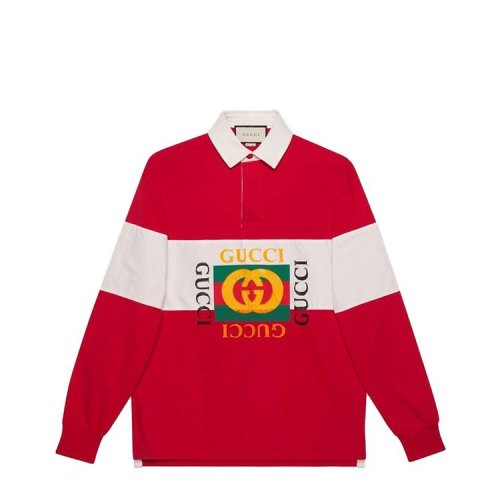 GUCCI/古馳  男士 經(jīng)典雙G裝飾 白藍(lán)/白紅 拼色T恤長(zhǎng)袖 POLO衫 545800  XJAG9 4594