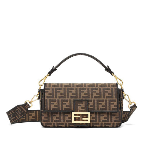  FENDI/芬迪 經(jīng)典BAGUETTE系列 棕色提花FF圖案帆布金扣中號單肩包法棍包8BR600A6V5F17U4