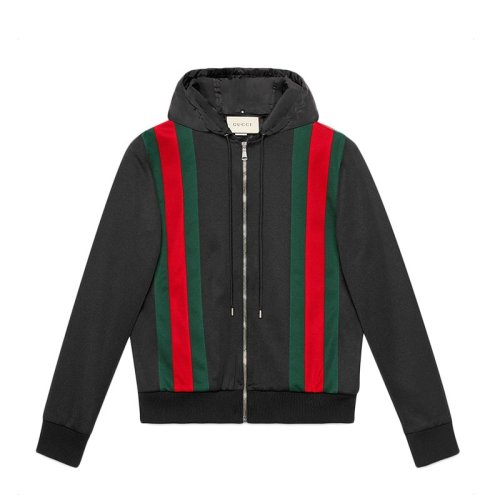 GUCCI/古馳  男裝 服飾 黑色混紡紅綠條紋短款外套男士夾克