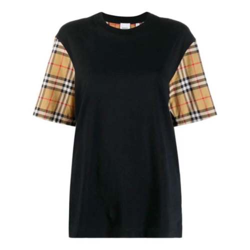 BURBERRY/博柏利  張韶涵同款黑色經典格紋拼接休閑寬松女士短袖T恤 8014895BLK (批次不同新舊版標簽除機發(fā)放)