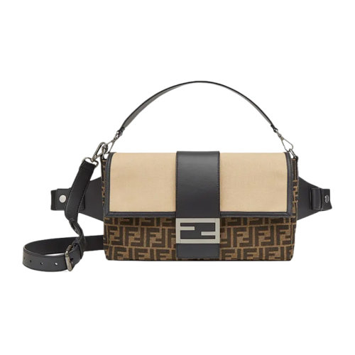 FENDI/芬迪BAGUETTE系列大號男士拼色織物配皮經(jīng)典雙F字母徽標(biāo)印花單肩包斜挎包郵差包信使包胸包腰包男包 7VA478-AFBM-F1DZY