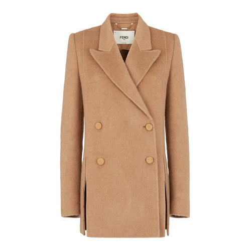 FENDI/芬迪      女士淺棕色駝毛正面雙開(kāi)衩直剪短款大衣FJ7221AHL9F0QU5