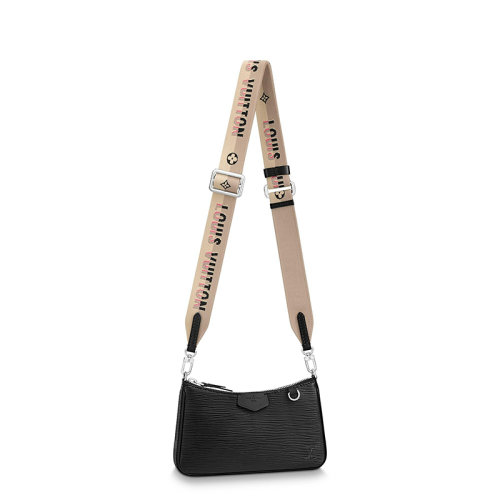 Louis Vuitton/路易威登 22春夏新款EASY POUCH系列 女士黑色壓紋牛皮革銀扣銀鏈配可拆卸彩色品牌徽標(biāo)印花織帶單肩斜跨手提手拿鏈條包M81070