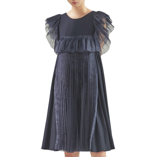 19年春夏款 nisiss/怡夕百褶拼接袖寬松闊擺連身裙女士連衣裙y151so20