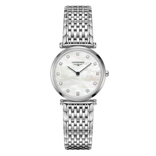 LONGINES/浪琴  嘉嵐系列 石英表精鋼表殼鑲鉆白珍珠貝母表盤鋼鏈男女同款表29毫米L4.512.4.87.6