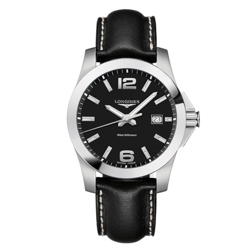 LONGINES/浪琴  康卡斯系列 石英表黑盤精鋼表殼皮質(zhì)表帶男表41毫米L3.759.4.58.3