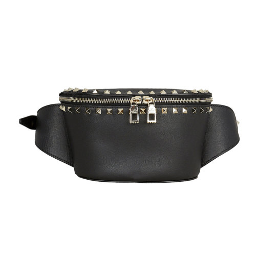 Valentino/華倫天奴  女包女士黑色皮革時(shí)尚百搭鉚釘裝飾雙向拉鏈腰包  RW2B0D15BOL 0NO
