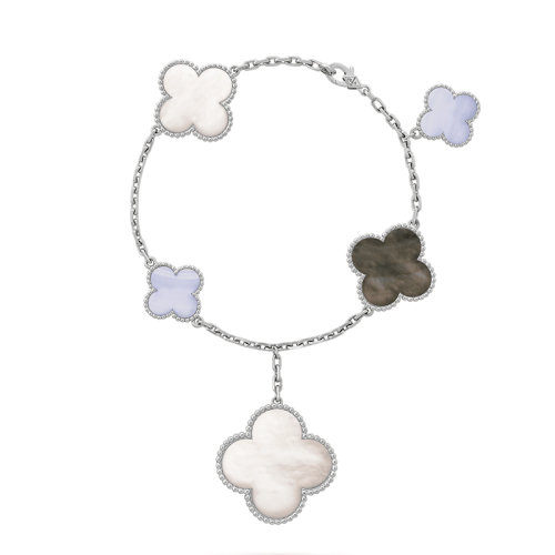 Van Cleef & Arpels/梵克雅寶 經(jīng)典Magic Alhambra 系列 18k金白金白色灰色珍珠母貝玉髓5個四葉草掛墜手鏈VCARL62400