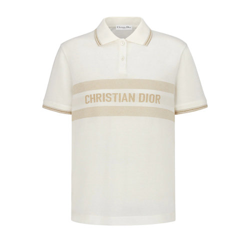 DIOR/迪奧 22年早春新款 女士白色棉質(zhì)混紡面料拼金色金屬光澤線LOGO短袖POLO衫213T10A4485_X1998