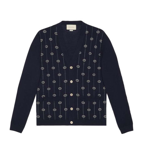 GUCCI/古馳  男裝 服裝 深藍(lán)色條紋雙G刺繡開(kāi)衫毛衣針織衫 男士毛衣