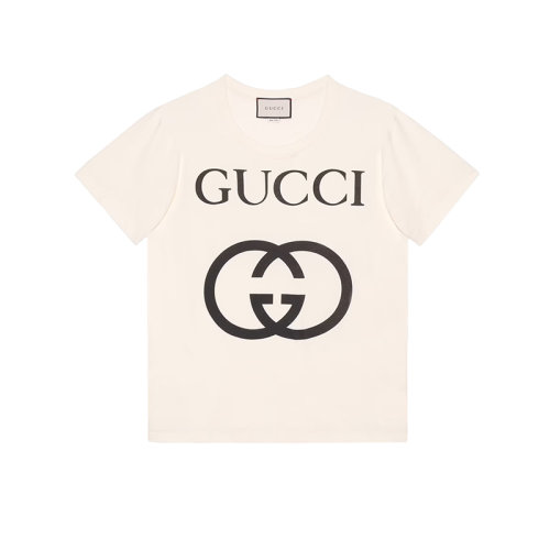 GUCCI/古馳 22年春夏新款 男士白色純棉互扣式雙G超大造型短袖T恤?493117X3Q357561