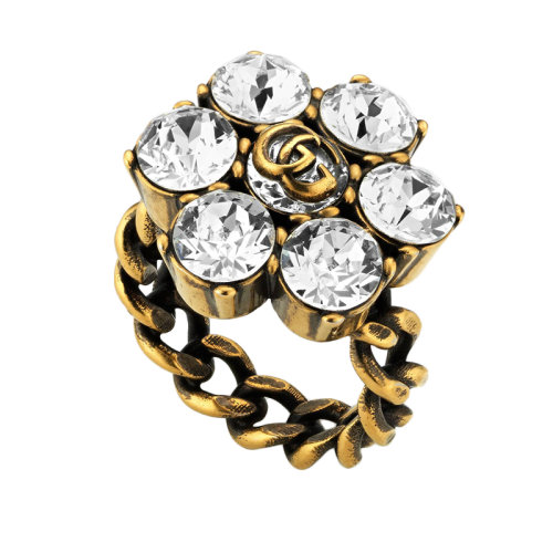 GUCCI/古馳 鍍金金屬Double G細節(jié)飾有水晶戒指 645682J1D508062