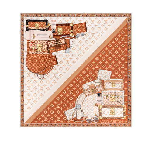 Louis Vuitton/路易威登 22年秋冬新款 Fall For You 70系列 女士白色/米色真絲行李箱圖案方巾絲巾M77803