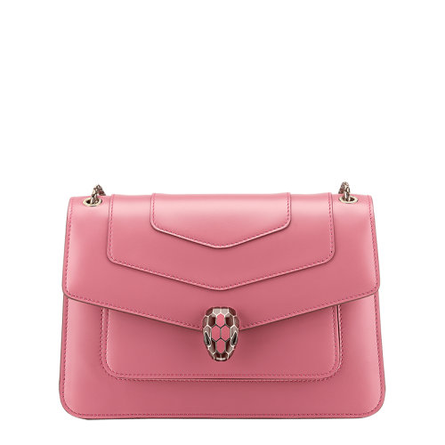BVLGARI/寶格麗 SERPENTI FOREVER系列 女士中號粉色小牛皮翻蓋蛇頭鏈條單肩斜挎包291132
