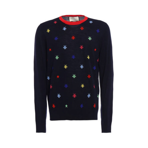 GUCCI/古馳  古琦男裝 時(shí)尚 蜜蜂星星嵌花 男士深藍(lán)色羊毛針織衫/毛衣 496452 X9I04 4944 HKY012345C