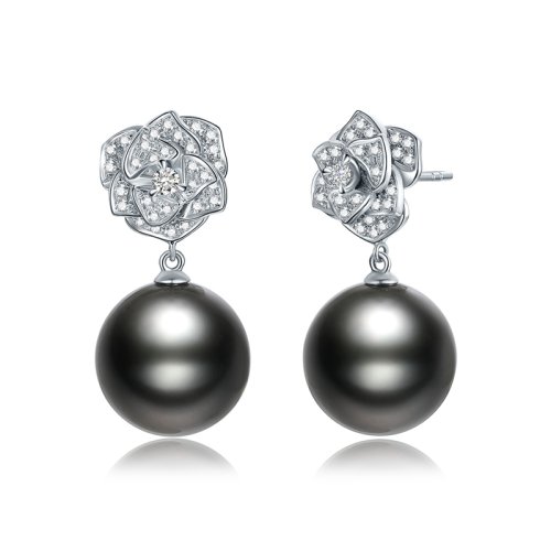 SANDYRILLA/仙蒂瑞拉 精致款 13-14mm大溪地黑珍珠18K金鉆石耳釘